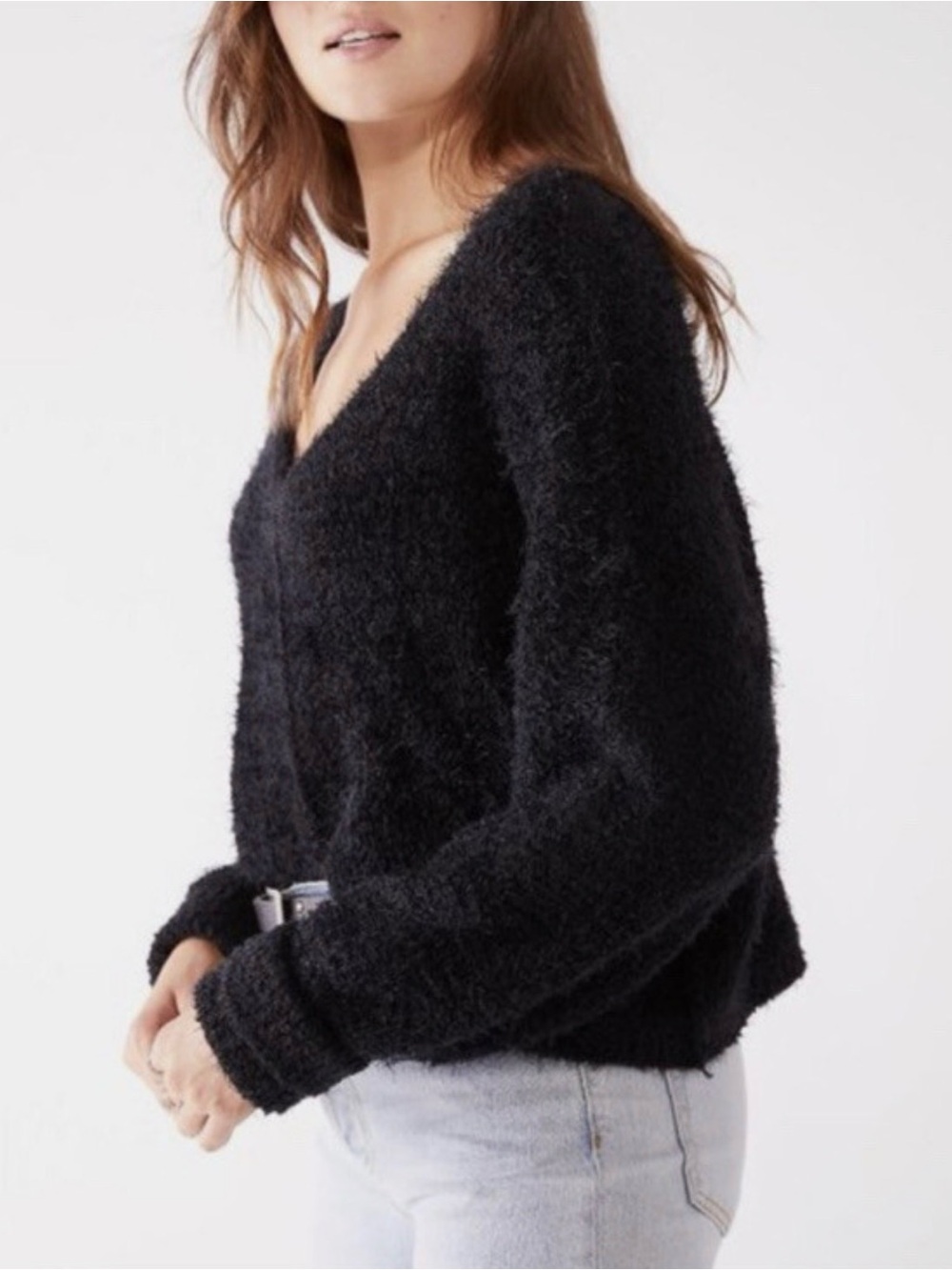 Free People Black Icing V Neck Eyelash Knit Long Sleeve Sweater Size Large
